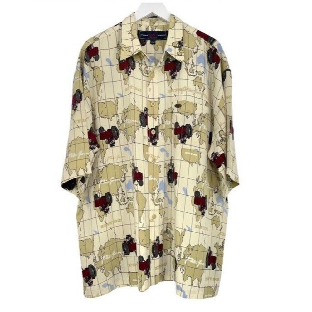 Phat Farm Button Up Shirt XXL Vintage Y2K Bull On Tractor With Map Print Pocket